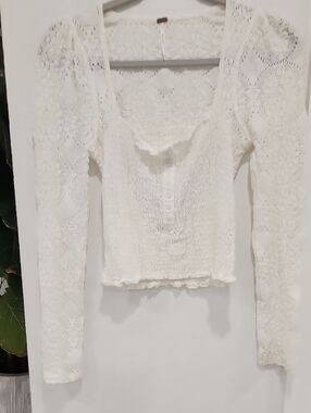 Free People Women’s White Lace Long-Sleeve Henley Top